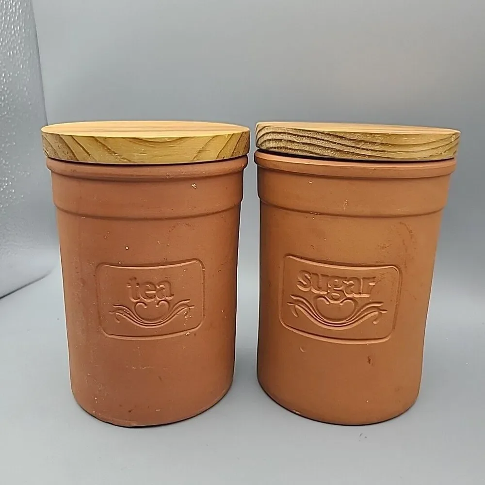 Reco 1987 Portugal Set (2) Canisters Terracotta Clay Ceramic wood lid sugar tea